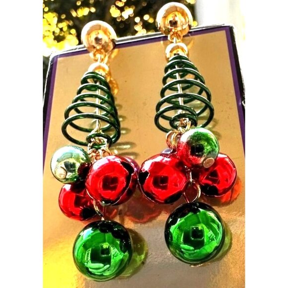 Christmas Tree Earrings New Handmade Jingle Bells Dangle Posts Festive P… - Picture 2 of 12
